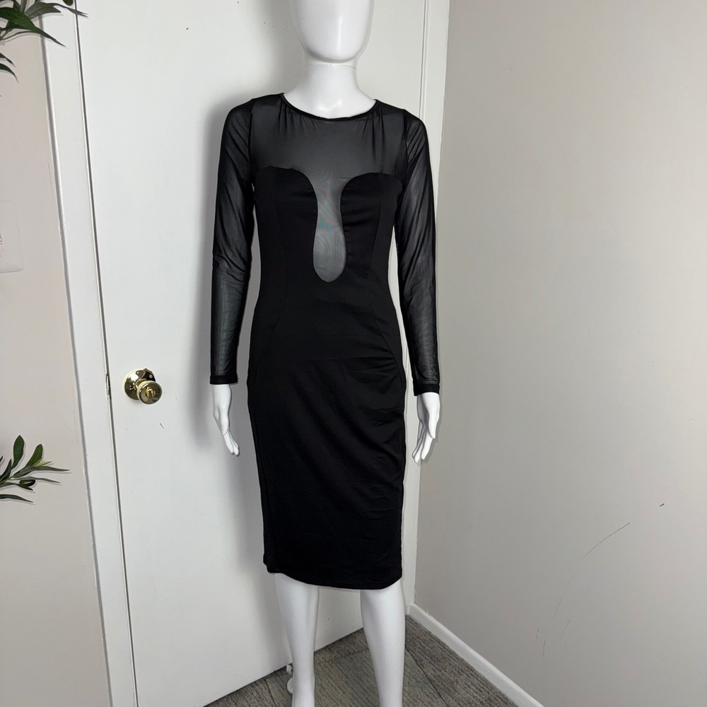 Commense Black Sheer Mesh Long Sleeve Bodycon Midi‎ Dress Cut Out Party Size M